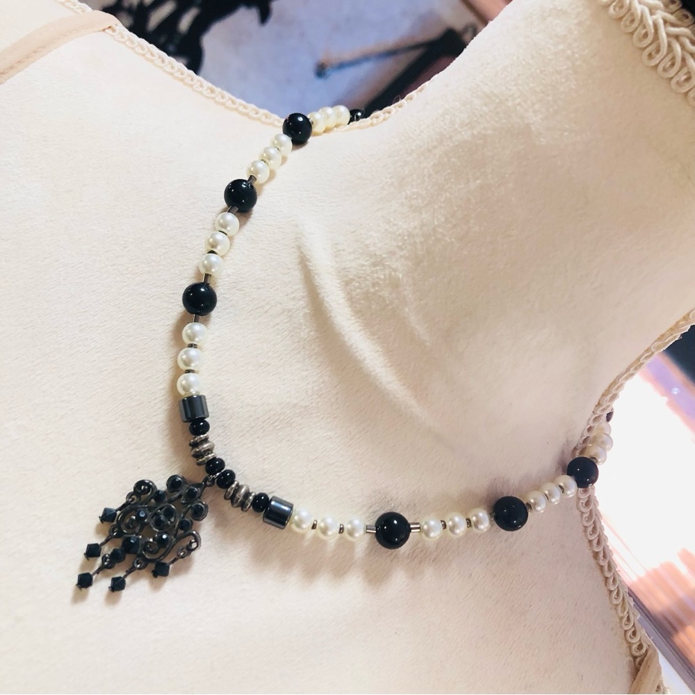 Handcrafted repurpose chandelier crystal onyx stone beaded necklace